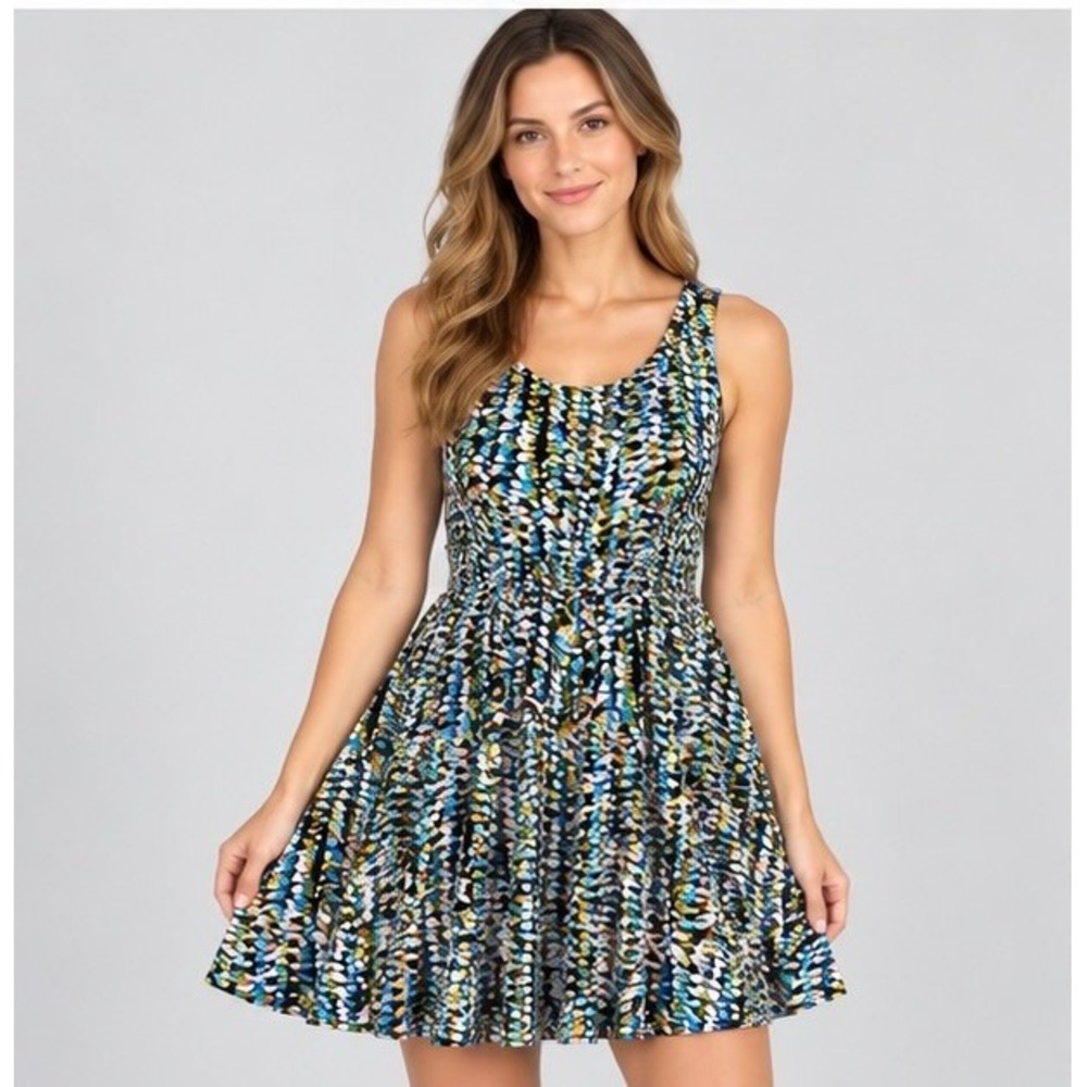 Jessica Howard Womens 14P Multicolor Fit & Flare Dress Abstract Ruched Boho Y2K